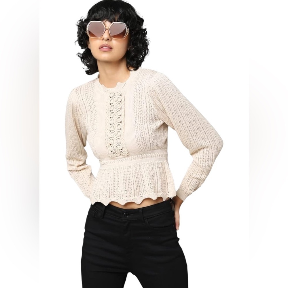 River Island Lace Stitch Peplum Blouse In Cream-white Size 8